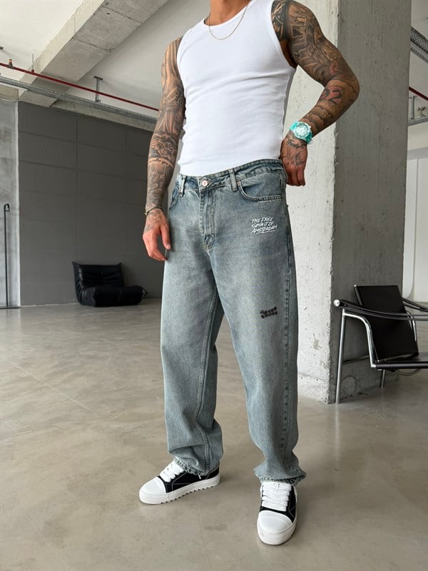 Premium Nakışlı Auro Prime Baggy Pantolon - İndigo