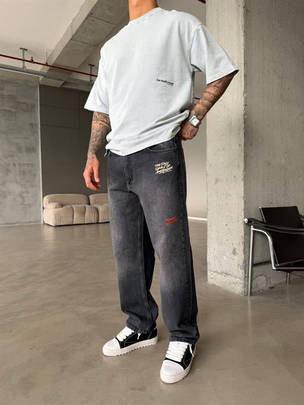 Premium Nakışlı Auro Prime Baggy Pantolon - Antrasit