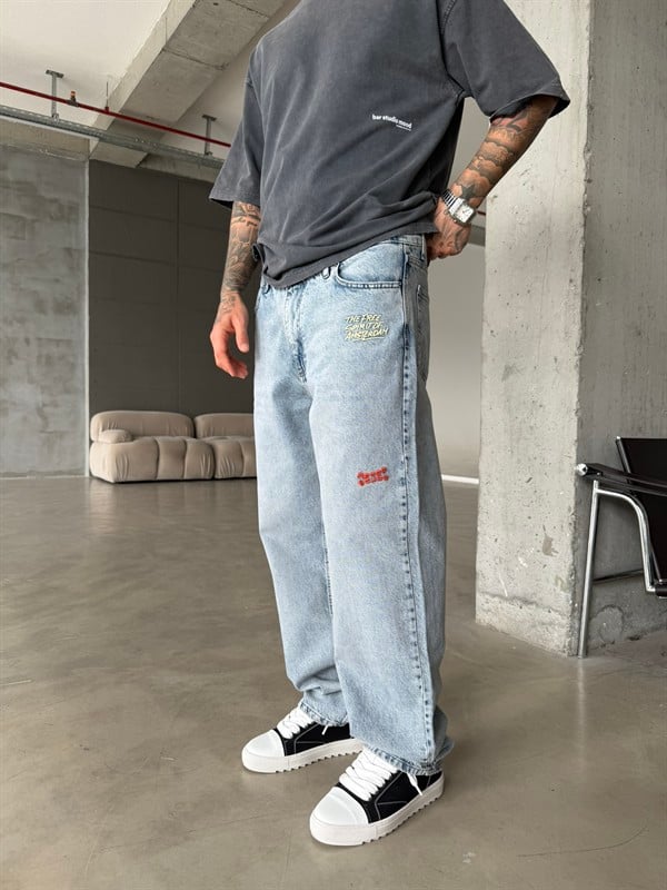 Premium Nakışlı Auro Prime Baggy Pantolon - Mavi
