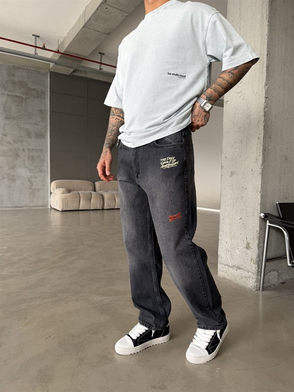 Premium Nakışlı Auro Prime Baggy Pantolon - Antrasit