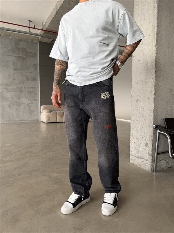 Premium Nakışlı Auro Prime Baggy Pantolon - Antrasit