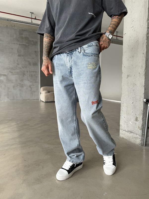 Premium Nakışlı Auro Prime Baggy Pantolon - Mavi