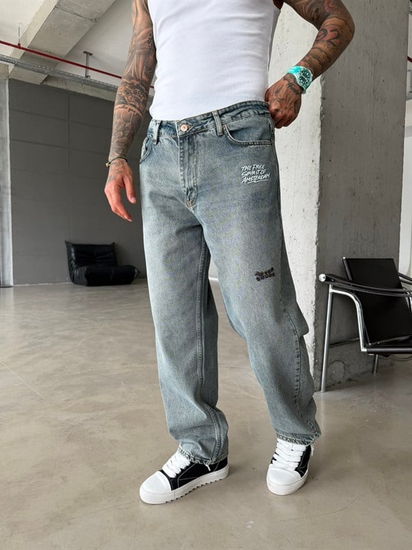 Premium Nakışlı Auro Prime Baggy Pantolon - İndigo