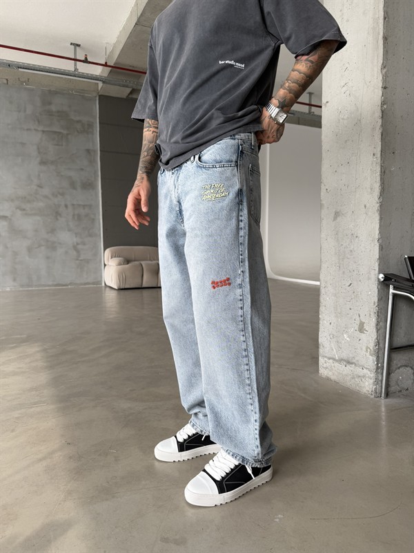 Premium Nakışlı Auro Prime Baggy Pantolon - Mavi