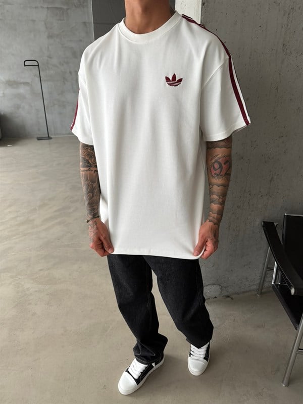 Premium Nakışlı Şeritli T-Shirt - Beyaz