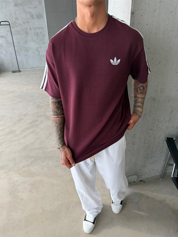 Premium Nakışlı Şeritli T-Shirt - Bordo