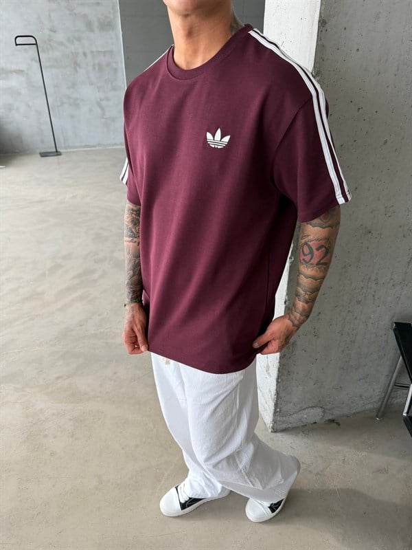 Premium Nakışlı Şeritli T-Shirt - Bordo