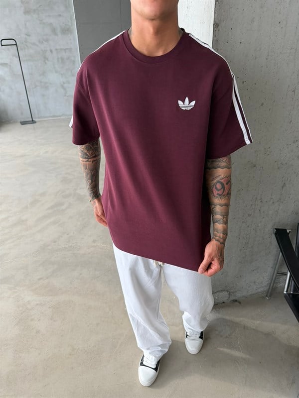 Premium Nakışlı Şeritli T-Shirt - Bordo