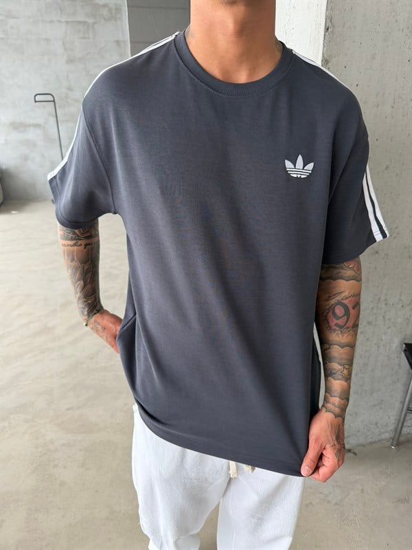 Premium Nakışlı Şeritli T-Shirt - Füme