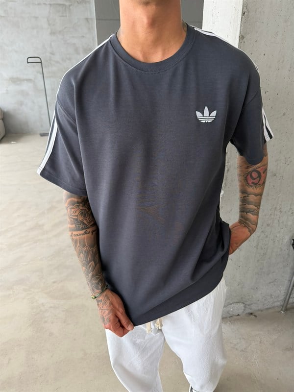 Premium Nakışlı Şeritli T-Shirt - Füme
