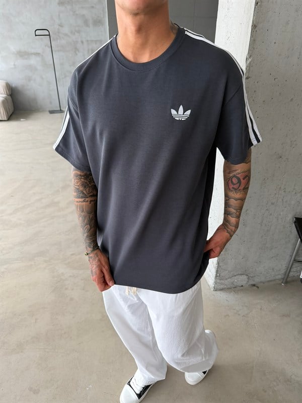 Premium Nakışlı Şeritli T-Shirt - Füme
