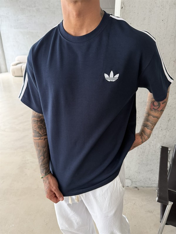 Premium Nakışlı Şeritli T-Shirt - Lacivert