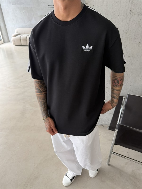 Premium Nakışlı Şeritli T-Shirt - Siyah