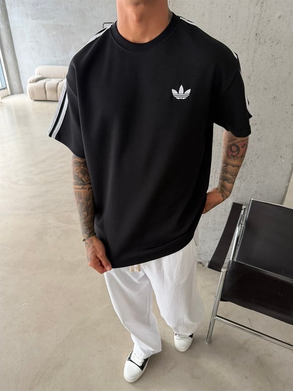 Premium Nakışlı Şeritli T-Shirt - Siyah