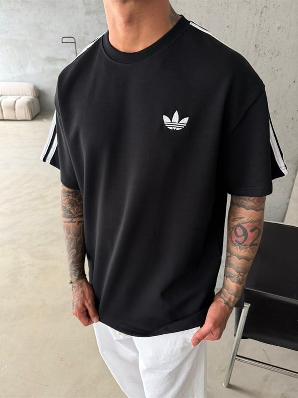 Premium Nakışlı Şeritli T-Shirt - Siyah