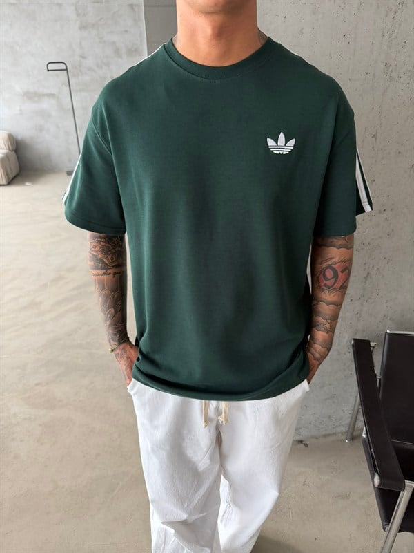 Premium Nakışlı Şeritli T-Shirt - Yeşil