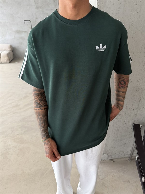 Premium Nakışlı Şeritli T-Shirt - Yeşil