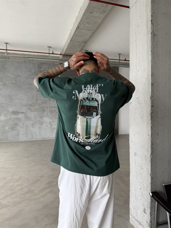 Premium Old Money Work Hard Nakışlı T-Shirt - Yeşil