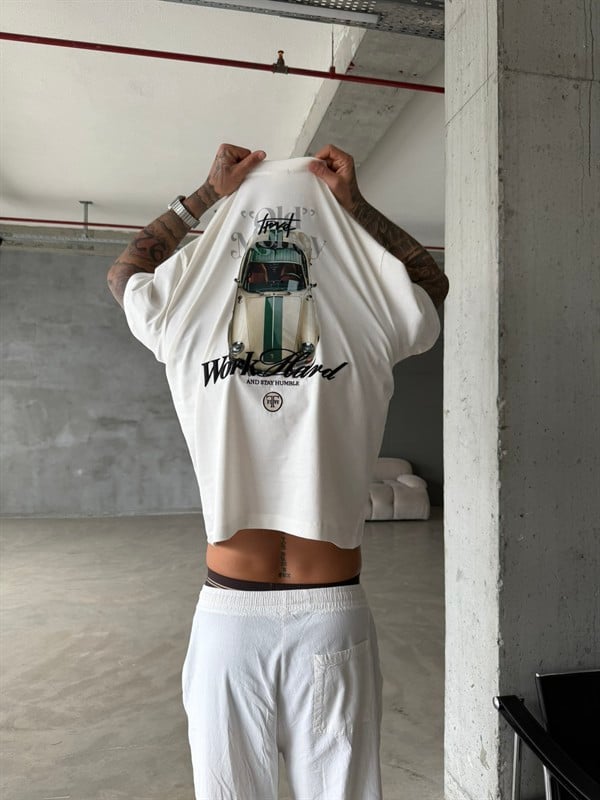 Premium Old Money Work Hard Nakışlı T-Shirt - Beyaz