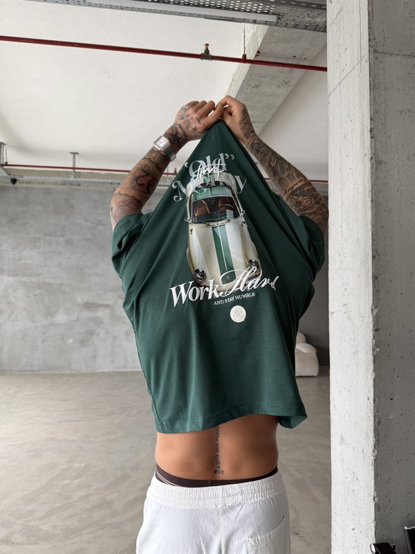 Premium Old Money Work Hard Nakışlı T-Shirt - Yeşil