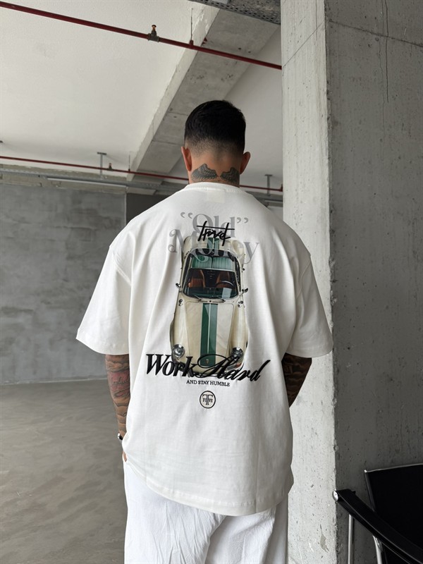 Premium Old Money Work Hard Nakışlı T-Shirt - Beyaz