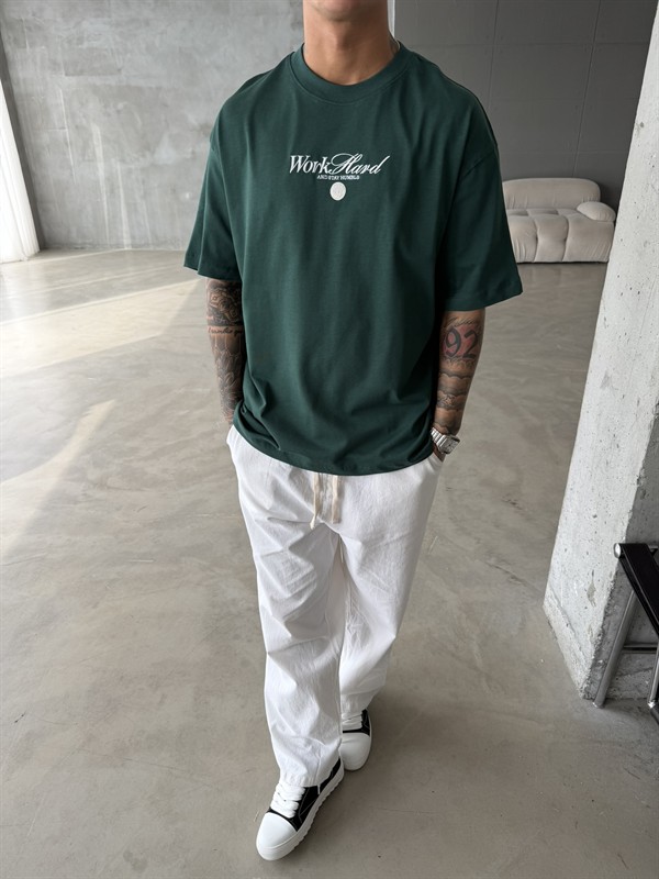 Premium Old Money Work Hard Nakışlı T-Shirt - Yeşil