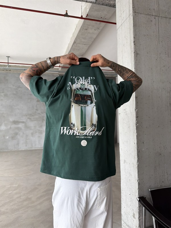 Premium Old Money Work Hard Nakışlı T-Shirt - Yeşil