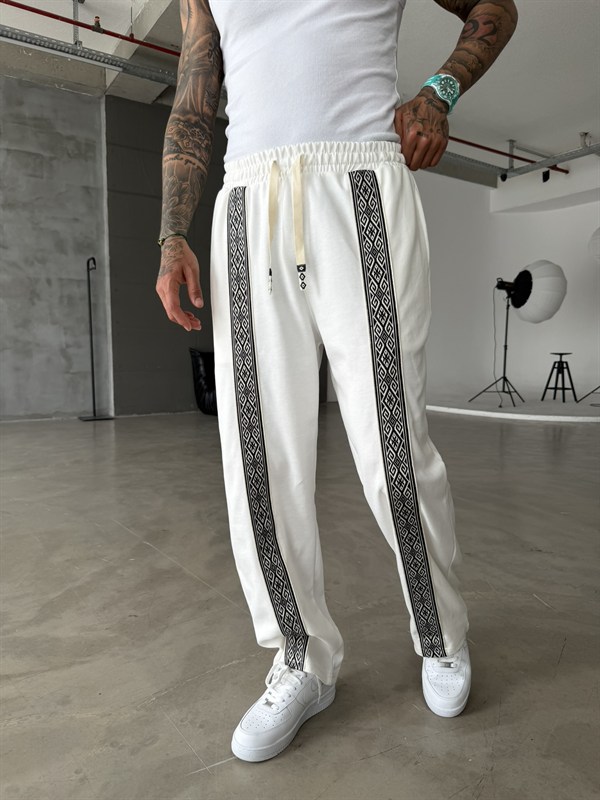 Premium Ön Şerit Detaylı Baggy Eşofman - Beyaz