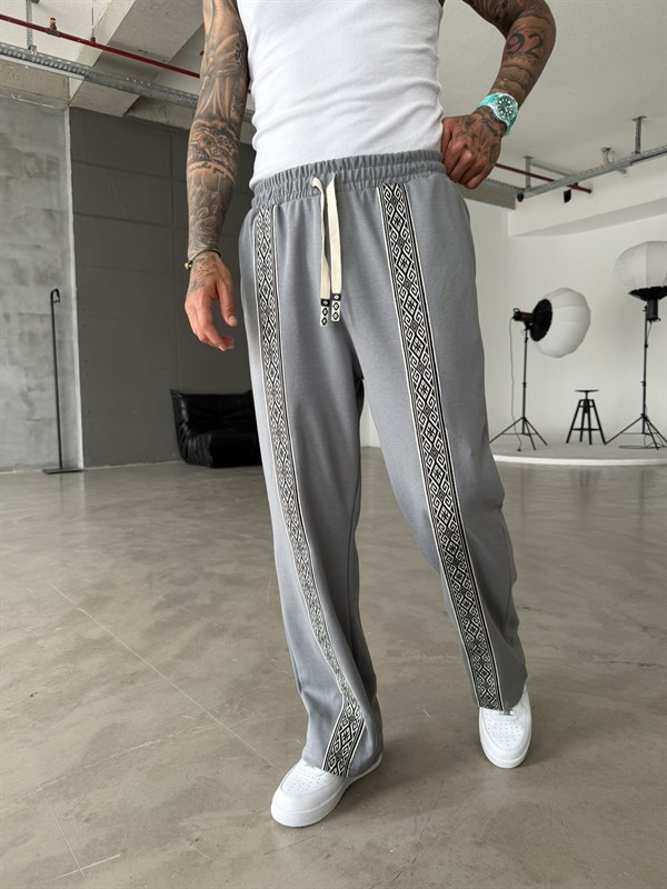 Premium Ön Şerit Detaylı Baggy Eşofman - Füme