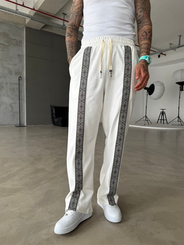 Premium Ön Şerit Detaylı Baggy Eşofman - Beyaz