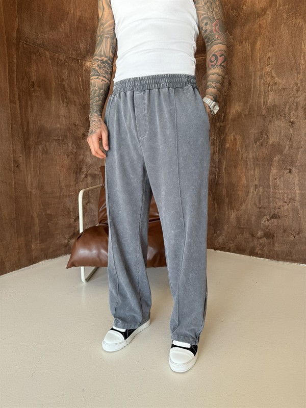 Premium Paça Fermuarlı Yıkamalı Baggy Eşofman - Füme