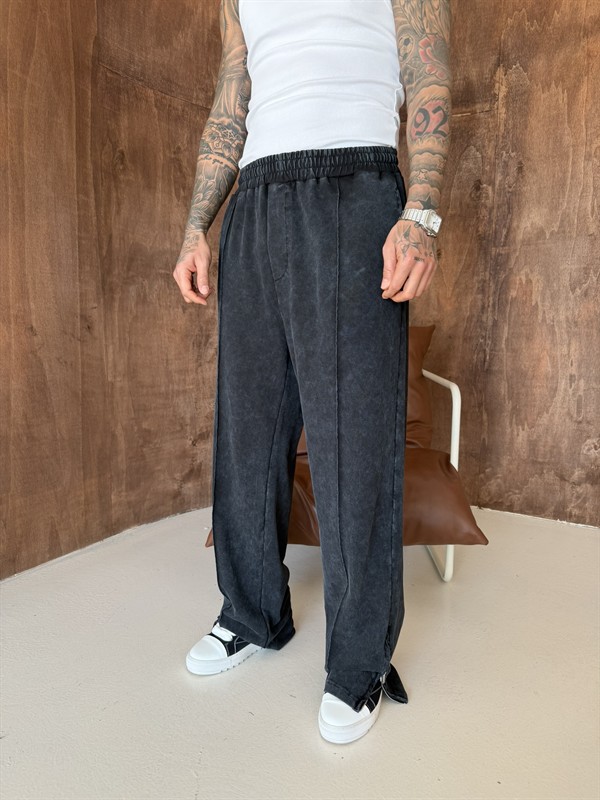 Premium Paça Fermuarlı Yıkamalı Baggy Eşofman - Siyah