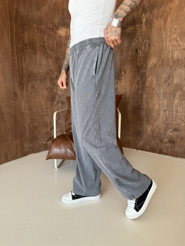 Premium Paça Fermuarlı Yıkamalı Baggy Eşofman - Füme