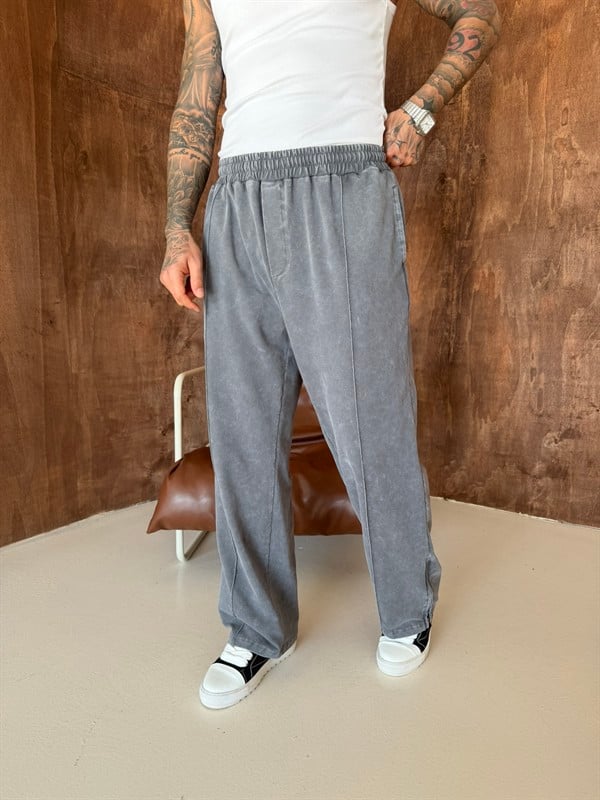 Premium Paça Fermuarlı Yıkamalı Baggy Eşofman - Füme
