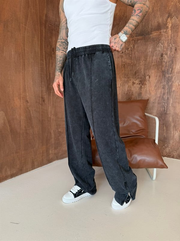 Premium Paça Fermuarlı Yıkamalı Baggy Eşofman - Siyah