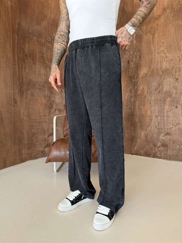 Premium Paça Fermuarlı Yıkamalı Baggy Eşofman - Siyah
