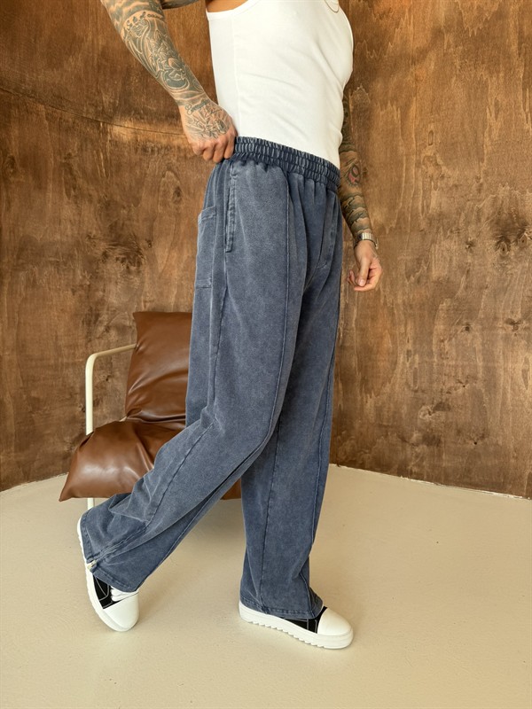 Premium Paça Fermuarlı Yıkamalı Baggy Eşofman - İndigo