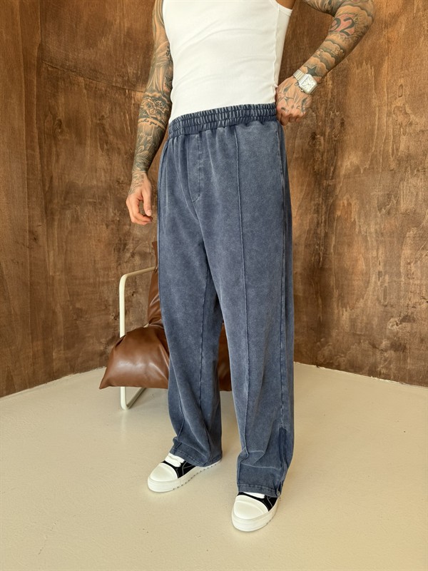 Premium Paça Fermuarlı Yıkamalı Baggy Eşofman - İndigo