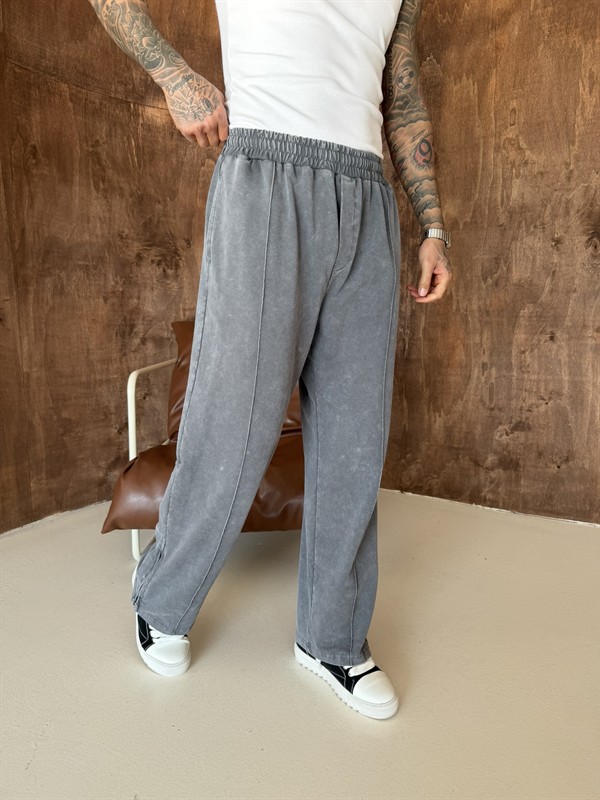 Premium Paça Fermuarlı Yıkamalı Baggy Eşofman - Füme