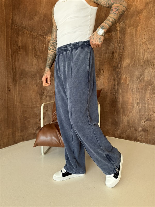 Premium Paça Fermuarlı Yıkamalı Baggy Eşofman - İndigo