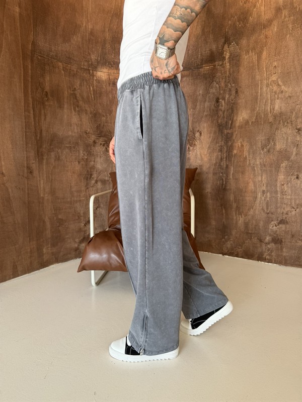 Premium Paça Fermuarlı Yıkamalı Baggy Eşofman - Füme