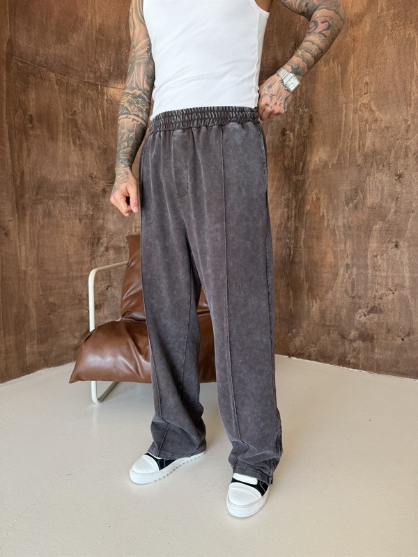 Premium Paça Fermuarlı Yıkamalı Baggy Eşofman - Kahve