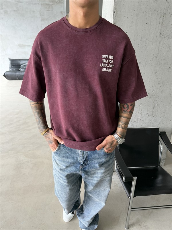 Premium Pacht Detaylı Save The T-Shirt - Bordo