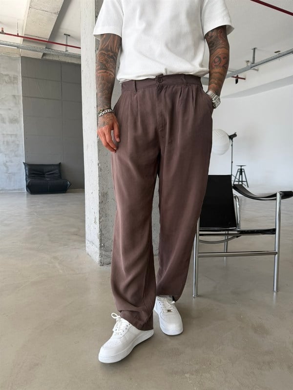 Premium Pileli Modal Kumaş Pantolon - Kahve