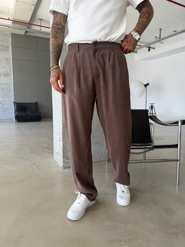 Premium Pileli Modal Kumaş Pantolon - Kahve