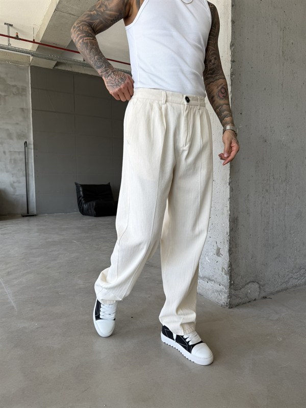 Premium Pileli Relax Fit Pantolon - Bej