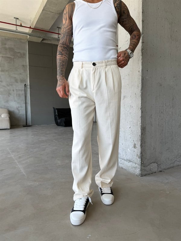 Premium Pileli Relax Fit Pantolon - Bej