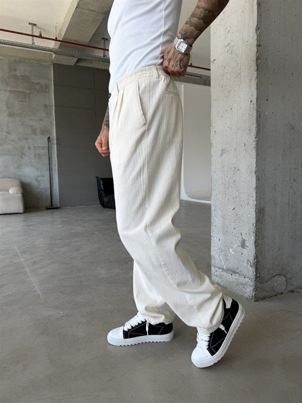 Premium Pileli Relax Fit Pantolon - Bej