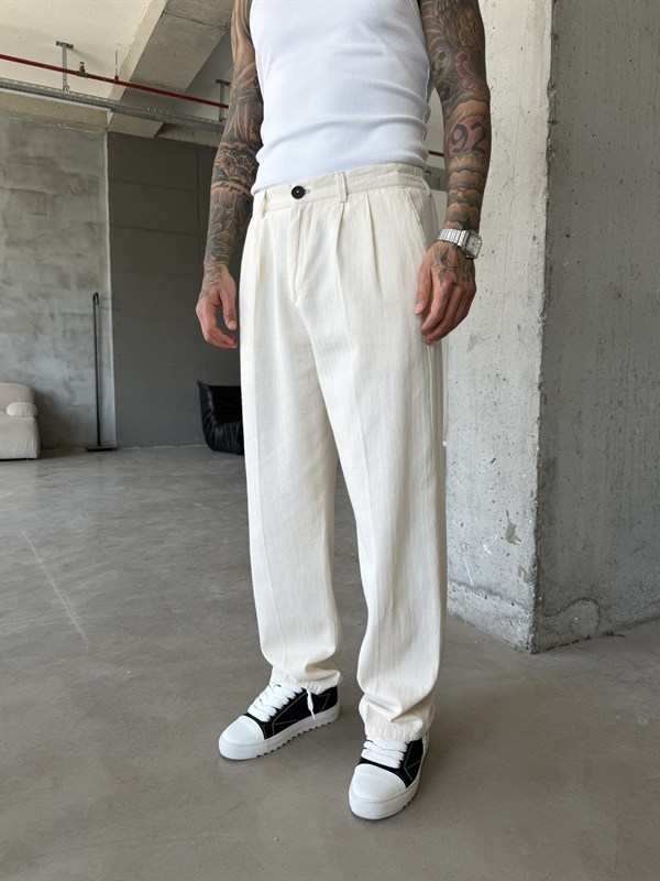 Premium Pileli Relax Fit Pantolon - Bej