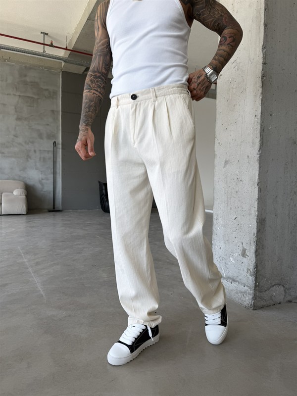 Premium Pileli Relax Fit Pantolon - Bej